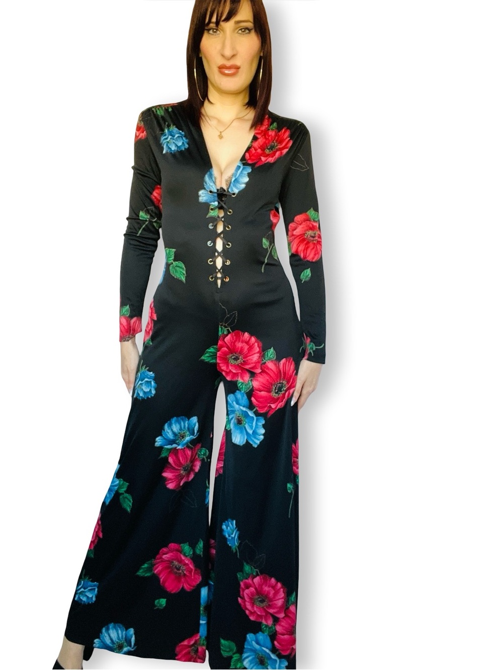 Vintage 1970's Dark Romantic Poppy Print Lace Up Nylon Jumpsuit size M to L